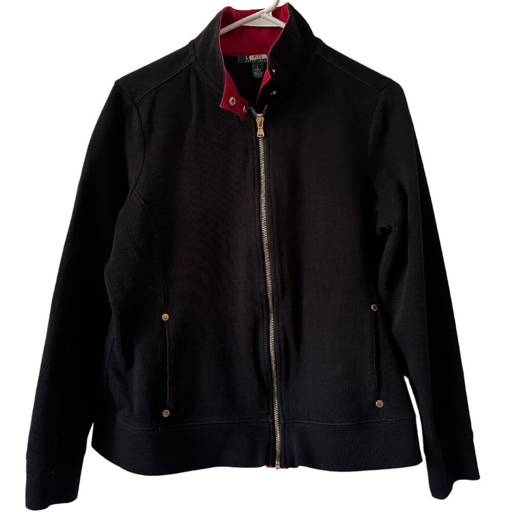 Lauren Ralph Lauren | Women's Black Ribbed Zip Knit Jacket Size L
